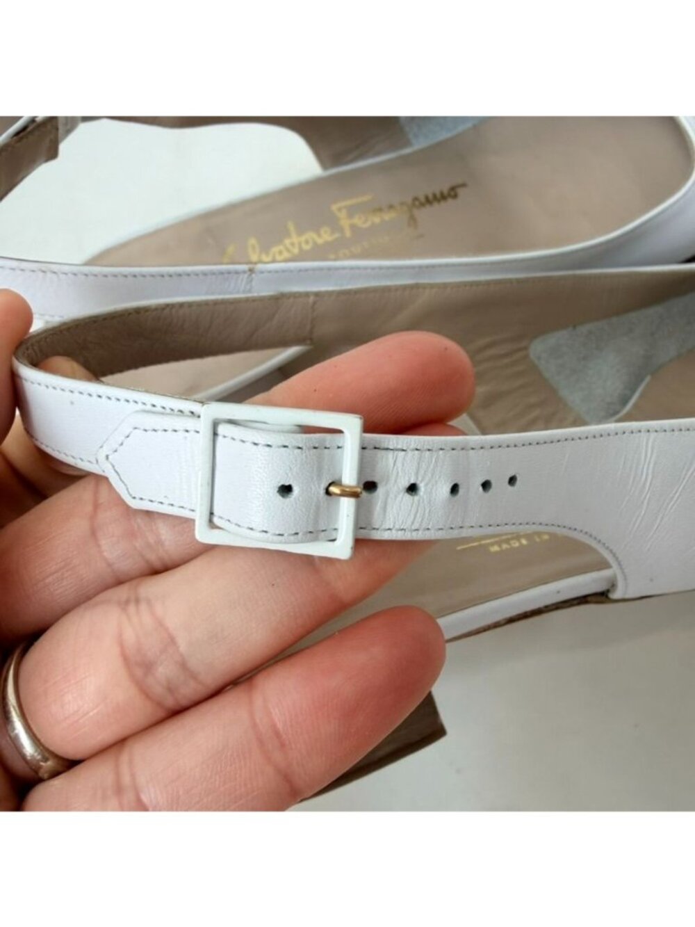 Salvatore Ferragamo Slingback Block Heel Pumps Womens Size 6.5AA White Leather - Picture 6 of 15